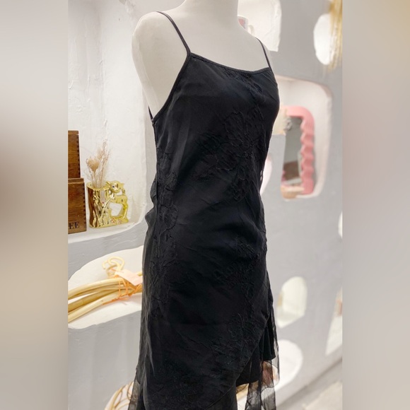 Black Mesh Asymmetrical Flowy Adjustable Spaghetti Strap Dress with Ruffle Skirt - Picture 6 of 7